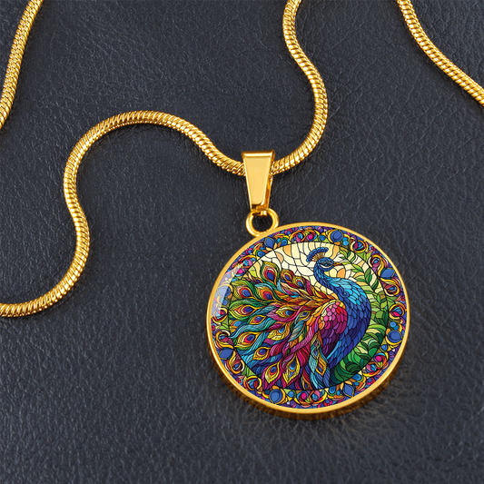 Stained Glass Effect Peacock Round Pendant Necklace