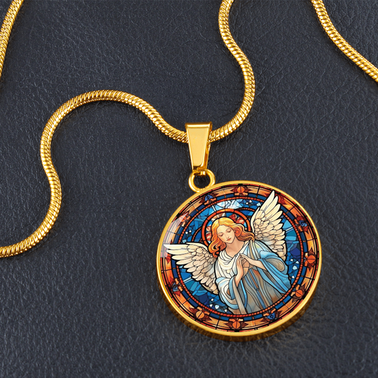 Angel Stained Glass Effect Round Pendant Necklace