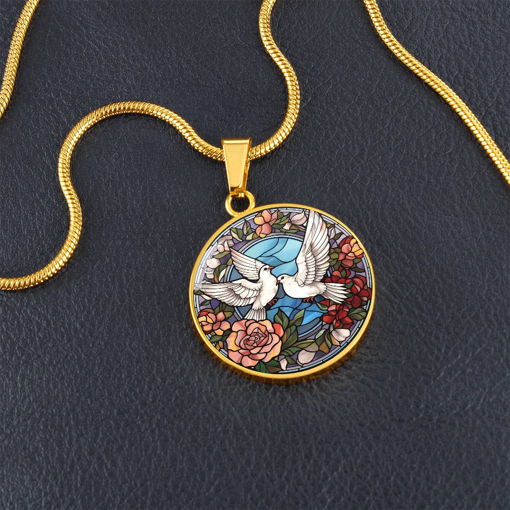 Doves Stained Glass Effect Round Pendant Necklace