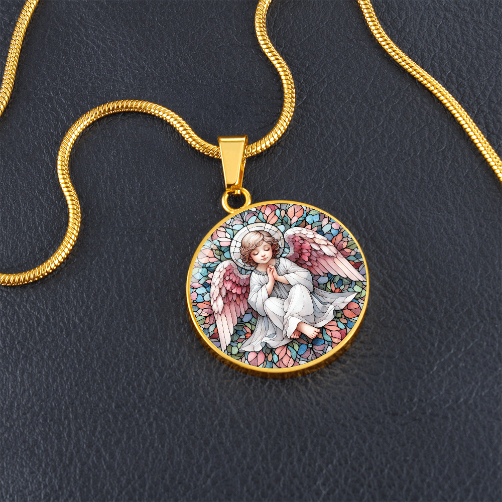 Guardian Angel Stained Glass Effect Round Pendant Necklace