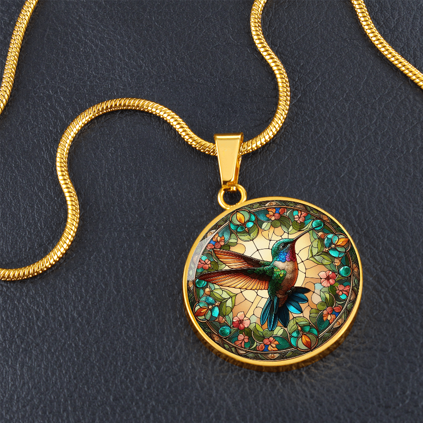 Hummingbird Stained Glass Effect Round Pendant Necklace