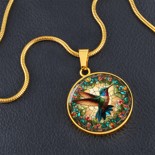 Hummingbird Stained Glass Effect Round Pendant Necklace