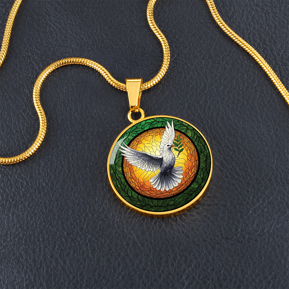 Dove Stained Glass Effect Round Pendant Necklace
