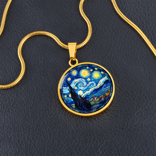 Van Gogh Starry Night Stained Glass Effect Round Necklace
