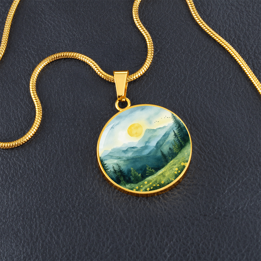 Watercolour Mountains Round Pendant Necklace