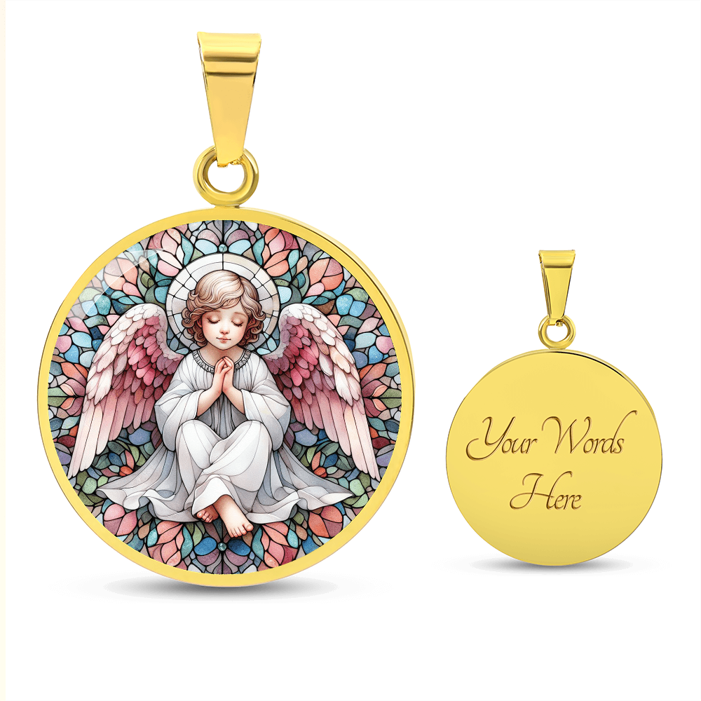 Guardian Angel Stained Glass Effect Round Pendant Necklace