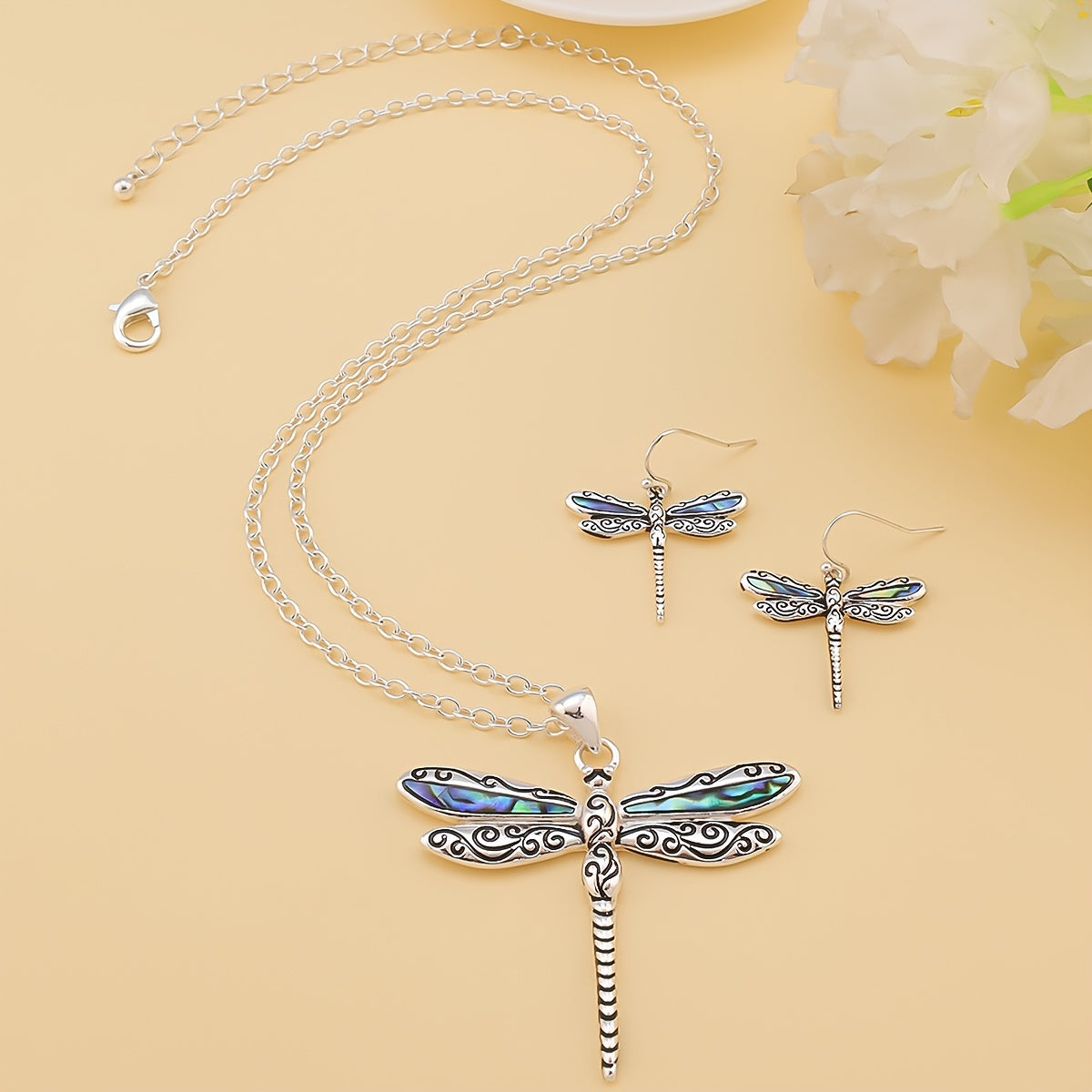 Elegant Dragonfly Necklace & Earring Set – Zinc Alloy Jewelry for Women, Blue Pendant with Matching Earrings, Vacation or Daily Wear
