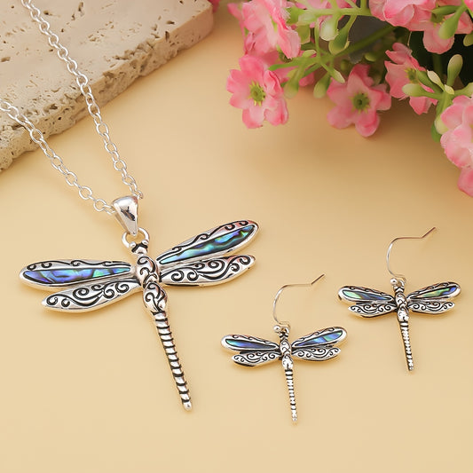 Elegant Dragonfly Necklace & Earring Set – Zinc Alloy Jewelry for Women, Blue Pendant with Matching Earrings, Vacation or Daily Wear