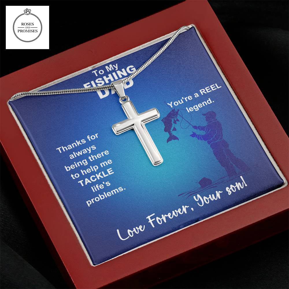 To My Fishing Dad Artisan-crafted Stainless Steel Cross Necklace