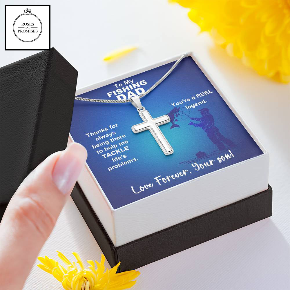 To My Fishing Dad Artisan-crafted Stainless Steel Cross Necklace