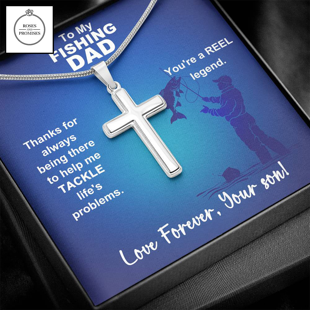 To My Fishing Dad Artisan-crafted Stainless Steel Cross Necklace